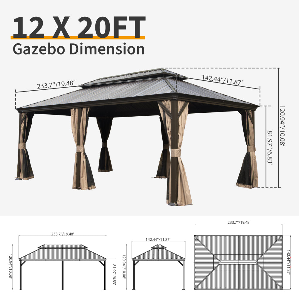 12' X 20' Hardtop Gazebo, Upgraded Metal Gazebo with Drainage System, Dual-Layer Galvanized Steel Roof, Curtain and Netting, Outdoor Shelter Canopy for Patio, Garden, and Backyard, Brown