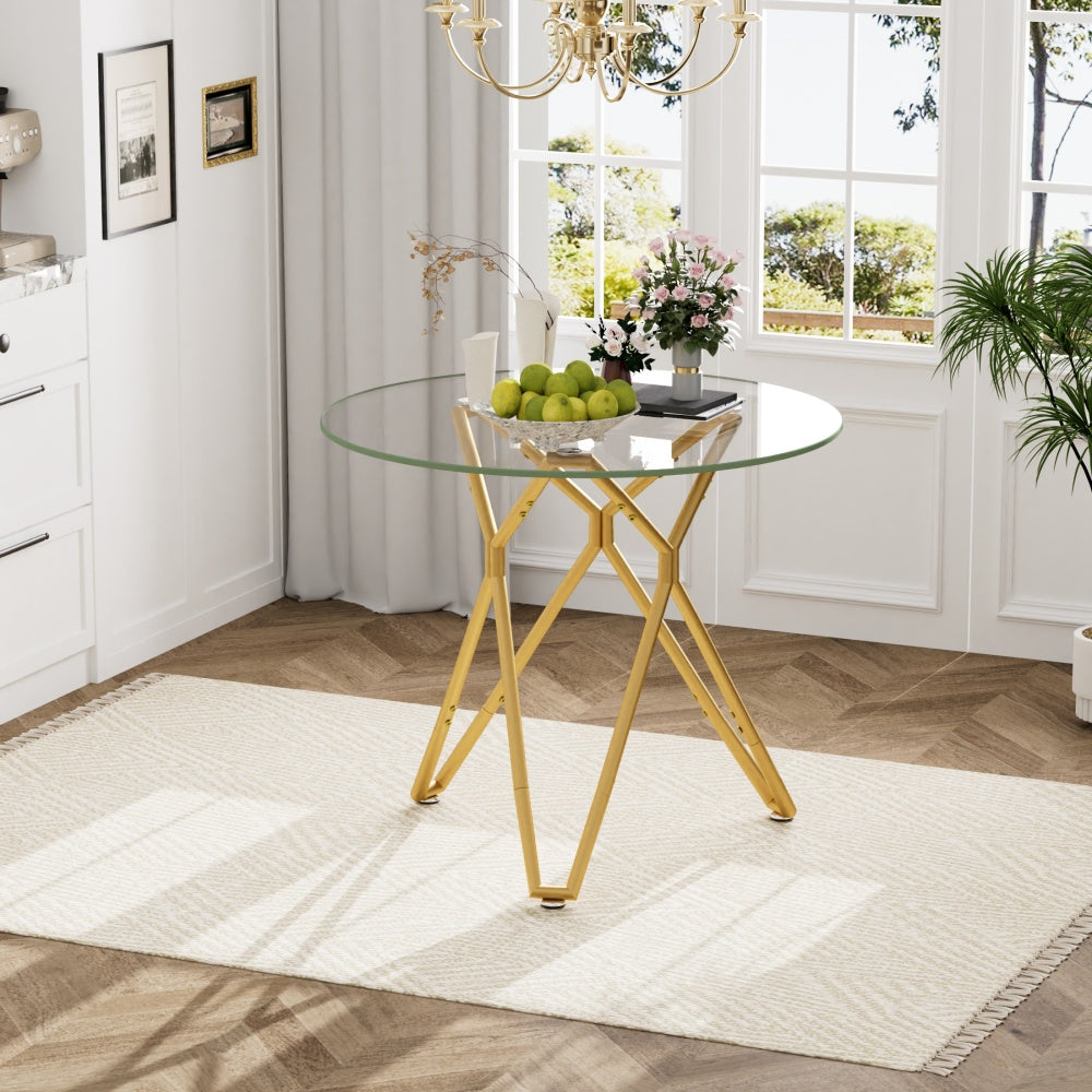 35.4-inch round tempered glass dining table, suitable for 1-4 people, space-saving small kitchen dining table, equipped with sturdy metal table legs, suitable for dining room, living room,Gold