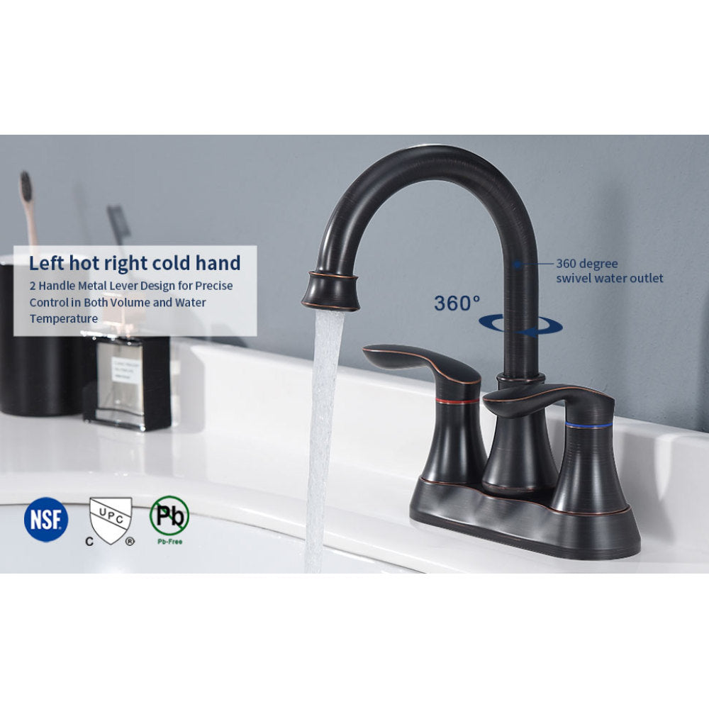 2-Handle 4-Inch Oil Rubbed Bronze Bathroom Faucet, Bathroom Vanity Sink Faucets with Pop-up Drain and Supply Hoses
