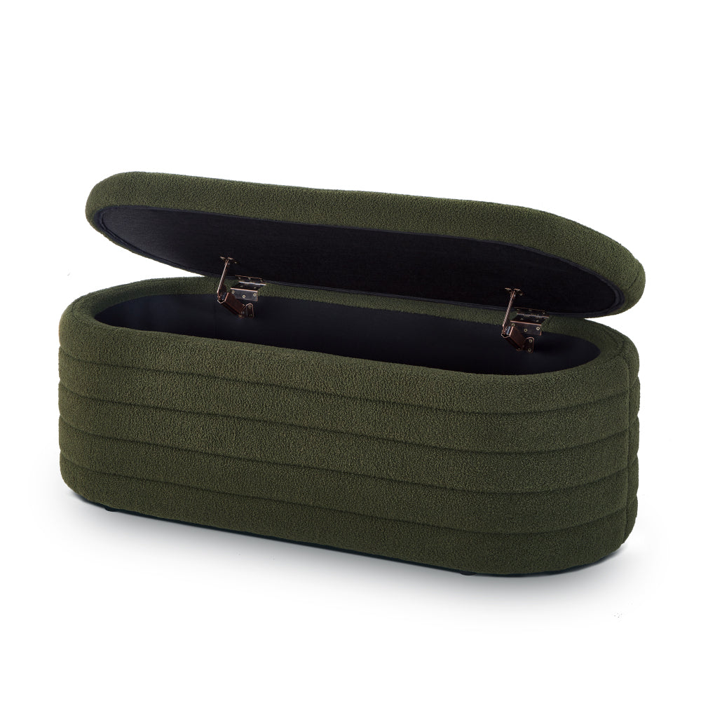 Modern Oval Storage Ottoman Bench, Upholstered Boucle Teddy Fabric End of Bed Bench with Storage, End of Bed Stool with Safety Hinge for Bedroom, Living Room, Entryway, Dark Green