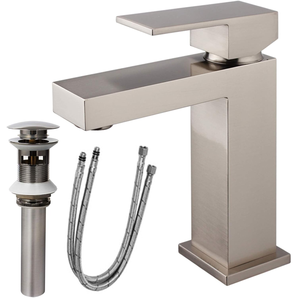 Single Handle Bathroom Faucet, Matte Black Single Hole Bathroom Faucet, Solid Brass Modern Bathroom Sink Faucet Basin Vanity Square Bathroom Faucet with Pop-up Drain & Water Supply Hoses