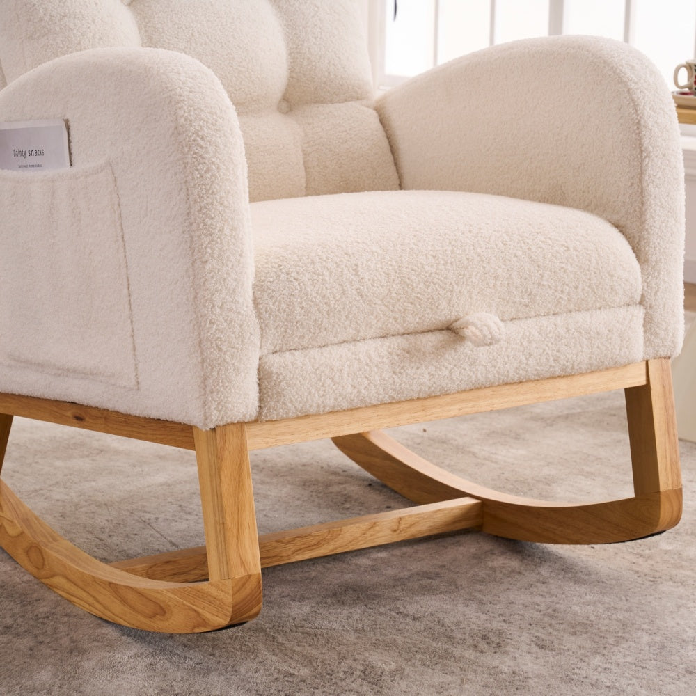 LY-5104 Plush Accent Rocking Chair with Footrest, Cream White High-Back Rocker, Rubber Wood Lounge Chair for Nursery & Living Room, 38.36"W x 26.77"D x 39.76"H