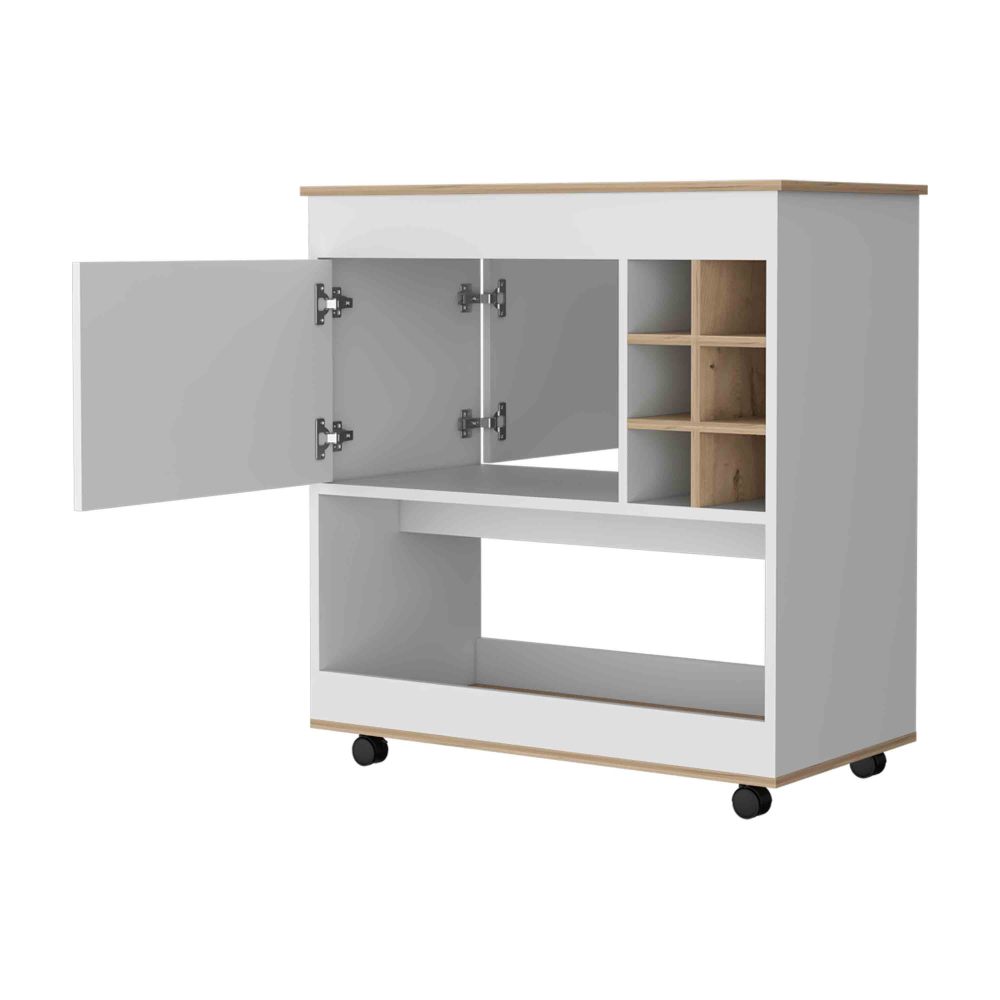 Texas Bar Cart, One Cabinet, Six Bottle Cubbies, One Lower Panel, Four Casters