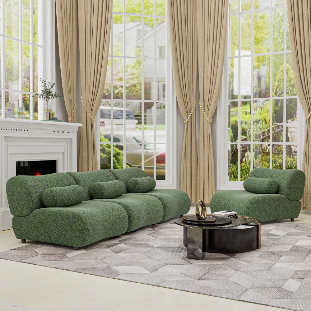 Contemporary Green Modular Sofa with Plush Chenille Upholstery - 3-Seat Sectional with Deep Seating & Soft Backrest - Perfect for Living Room Decor