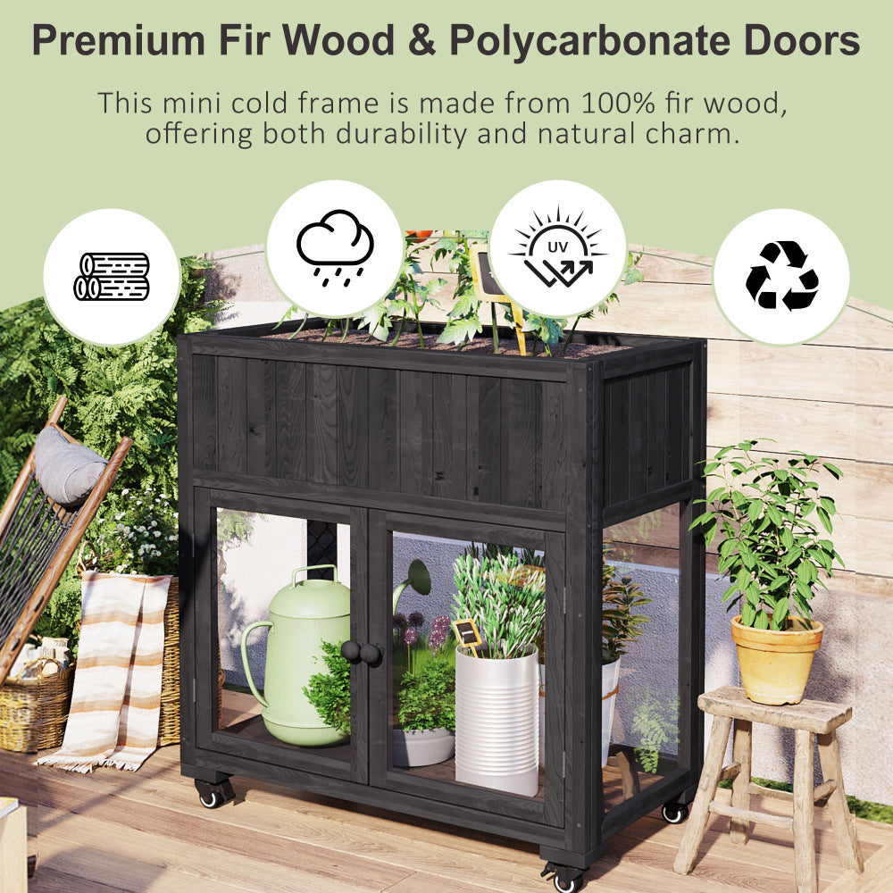 TOPMAX Patio 35.4''x17.7''x37.4'' Mini Wood Cold Frame, Compact 2 Doors Garden Greenhouse with Wheels, Raised Bed with Liner for Indoor Outdoor Use, Black