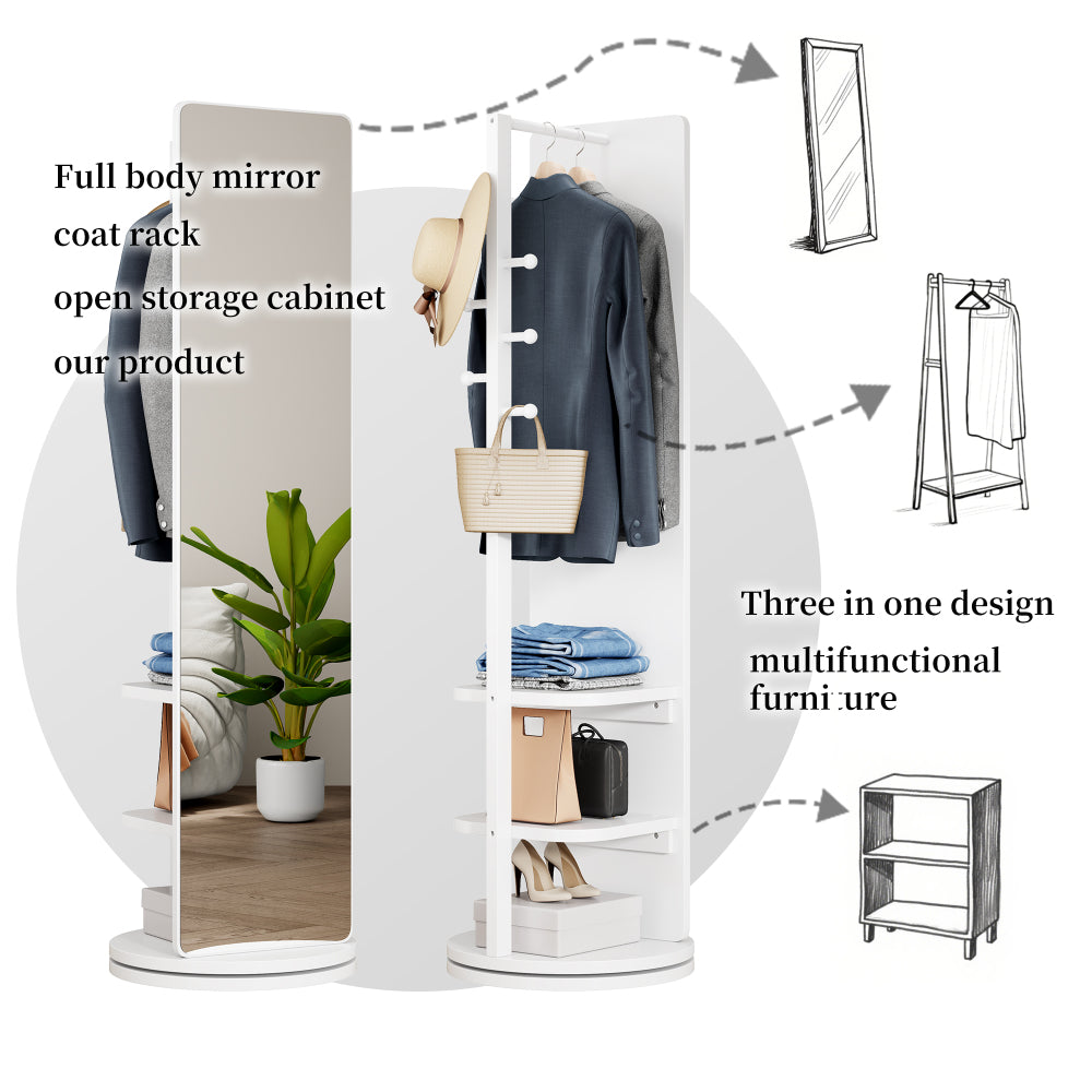 360° Rotating 66"x14" Multifunctional Full Length Mirror with Hook Storage Rack Coat Rack with Mirror Solid Wood Floor Mirror Bedroom Living Room Cloakroom Space Saving (wh
