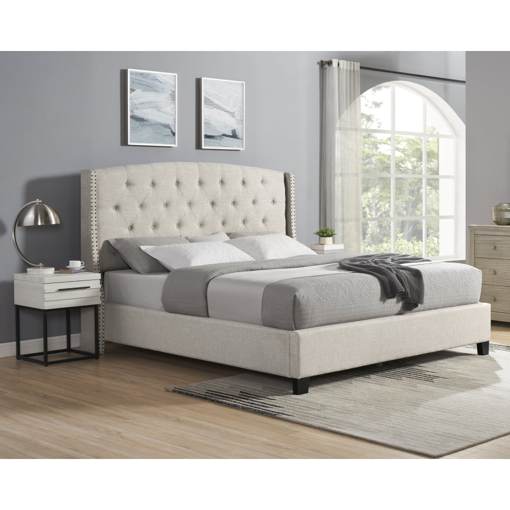 Astral 3-Piece Upholstered Bedroom Set, Tufted Wingback Bed with Two Gray Nightstands