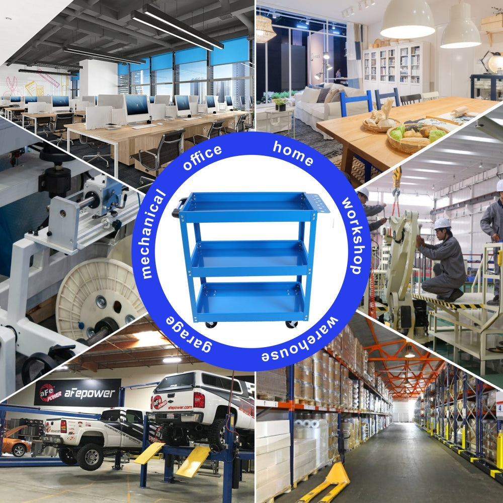 Tool Cart on Wheels, 3 Tier Rolling Mechanic Tool Cart, Heavy Duty Steel Utility Cart w/Lockable Wheels, 450 LBS Capacity Industrial Service Cart for Garage, Warehouse, Workshop (blue)