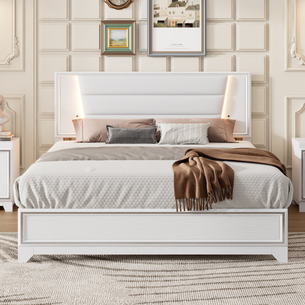 3-Pieces Bedroom Sets Queen Size Upholstered Bed with LED Lights, Nightstands and Dresser with Metal Handles and Sparkling Shiny Decoration, Black