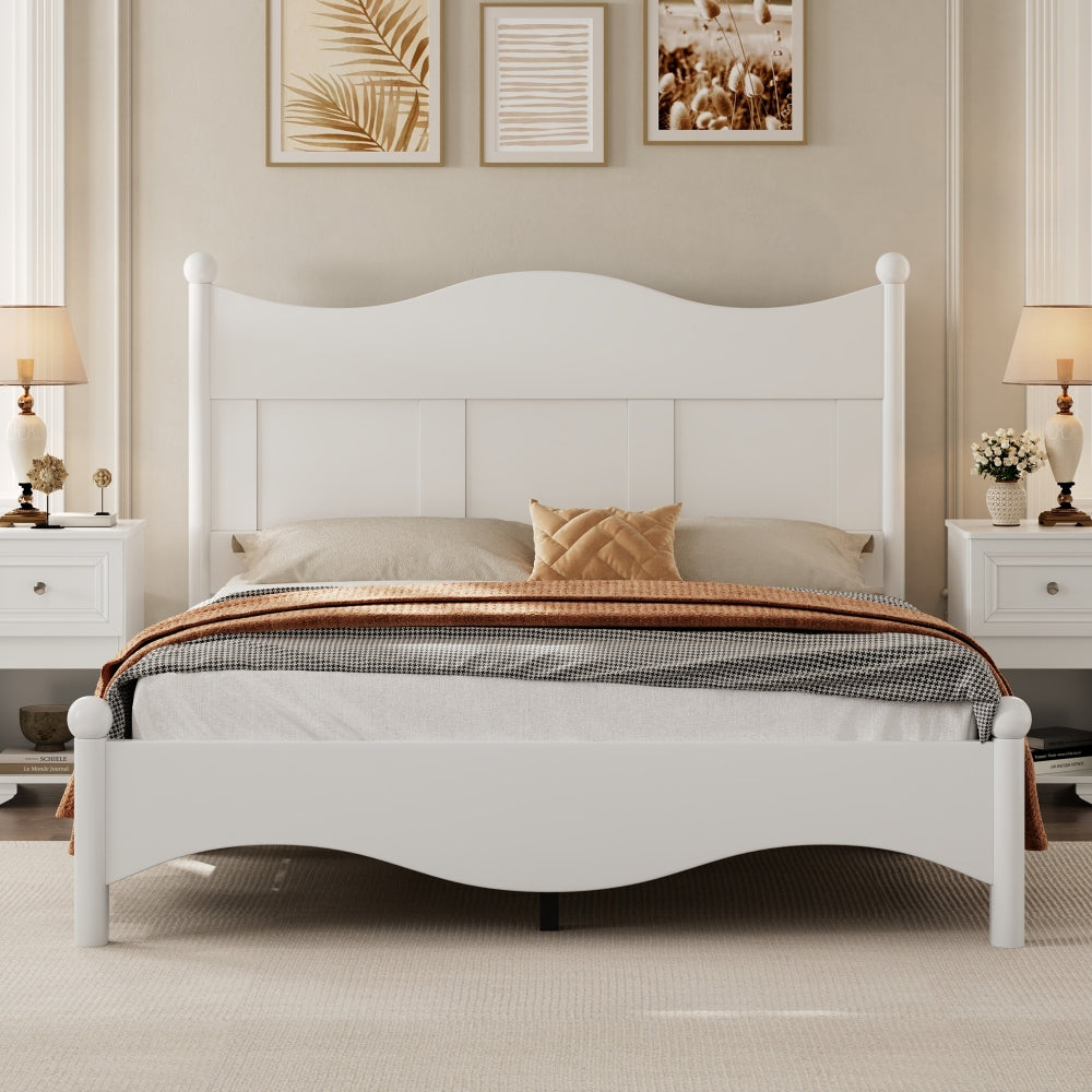 4-Pieces Retro Style Bedroom Sets, Queen Size Platform Bed with Elegant Design, Storage Nightstand and Dresser with Metal Handle, White