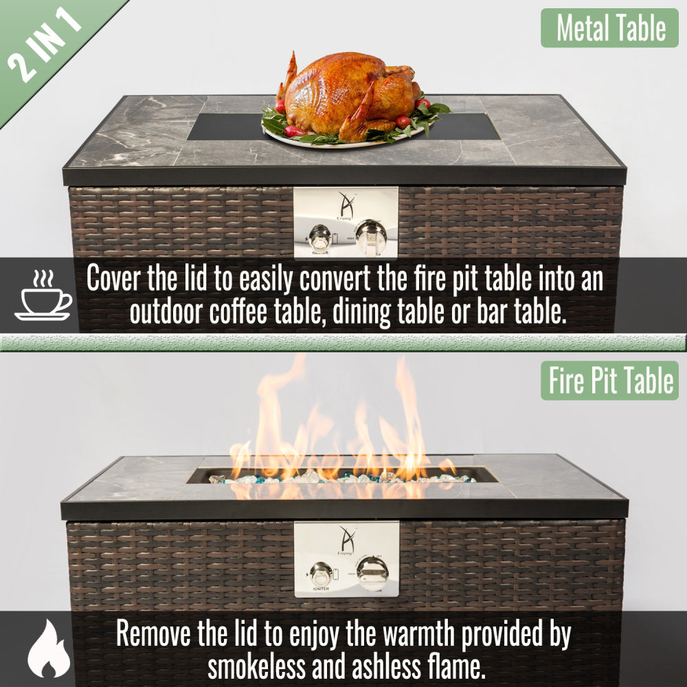 32" Propane Gas Fire Pit Table, 50000 BTU Rectangular Fire Pit, Tile Tabletop with Beautiful Wicker Base for Outside Patio Deck Garden Courtyard-Brown