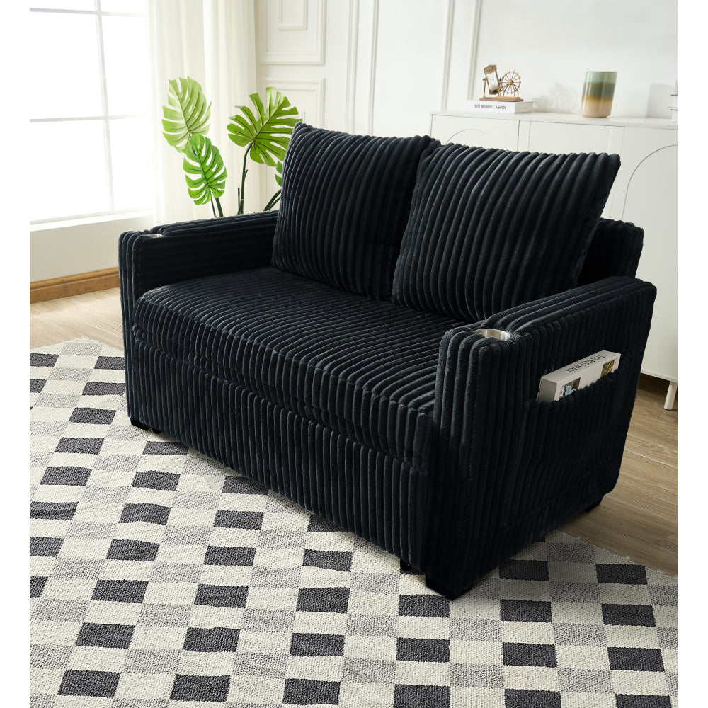 Sleeper Sofa Couch w/Pull Out Bed, Modern Corduroy Convertible Sleeper Sofa Bed, Small Love seat Sofa Bed w/Pillows & Side Pockets for Small Space, Living Room, Apartment,Black