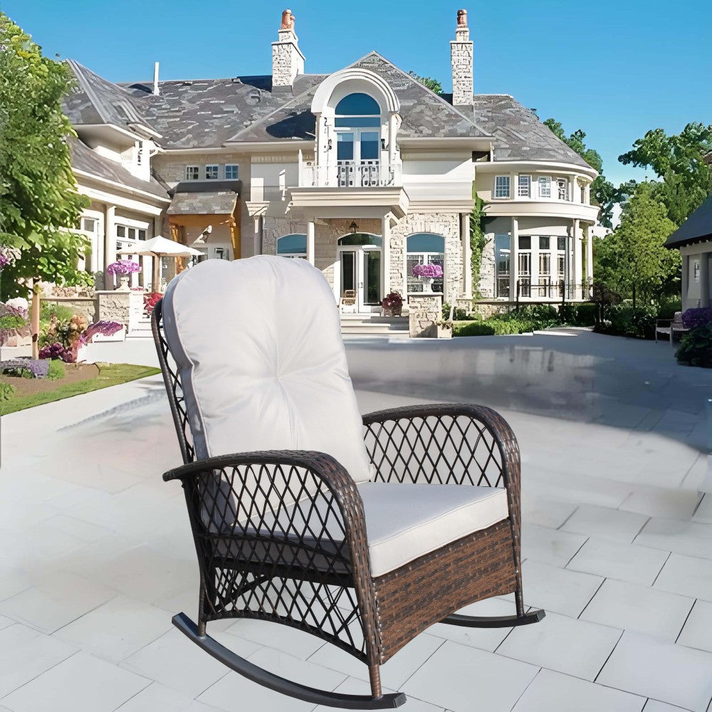 Outdoor Wicker Rocking Chair with Wide Seat, Thick, Soft Cushion, Rattan Rocker w/Steel Frame, High Weight Capacity for Patio, Garden, Backyard, Beige Cushion