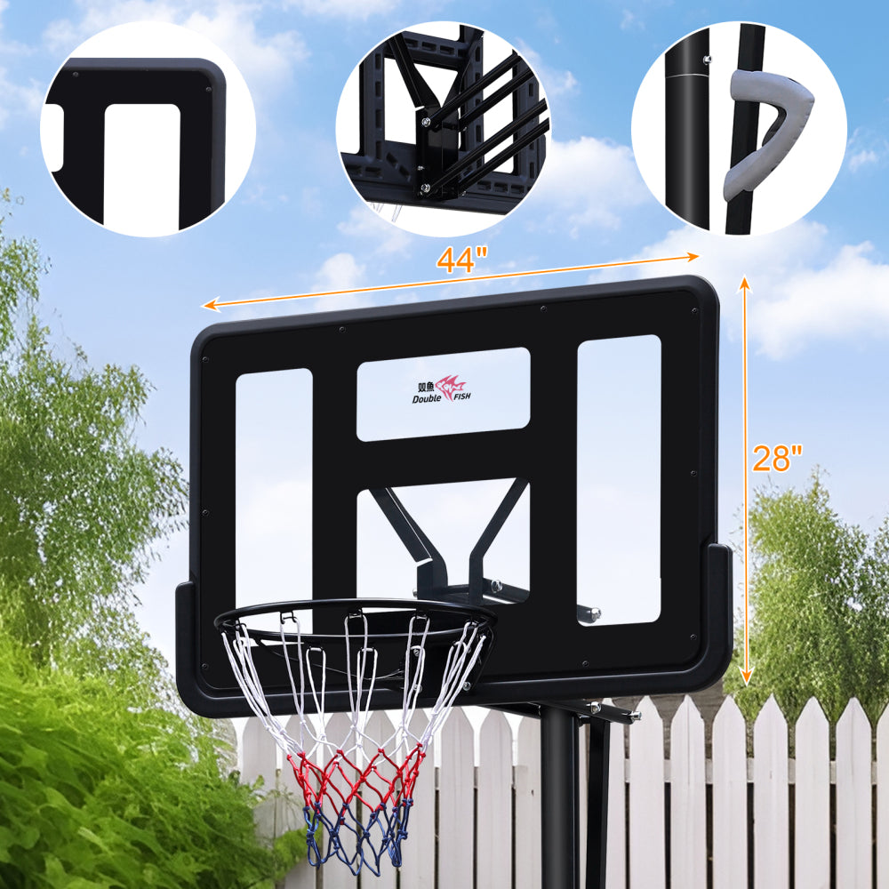 DOUBLE FISH7.5-10ft Adjustable Height Outdoor Basketball Stand, Portable Basketball Stand, 44"shatter-proof Backboard, Fillable Base, 2 Portable Wheels, Suitable for SwimmingPool/indoor