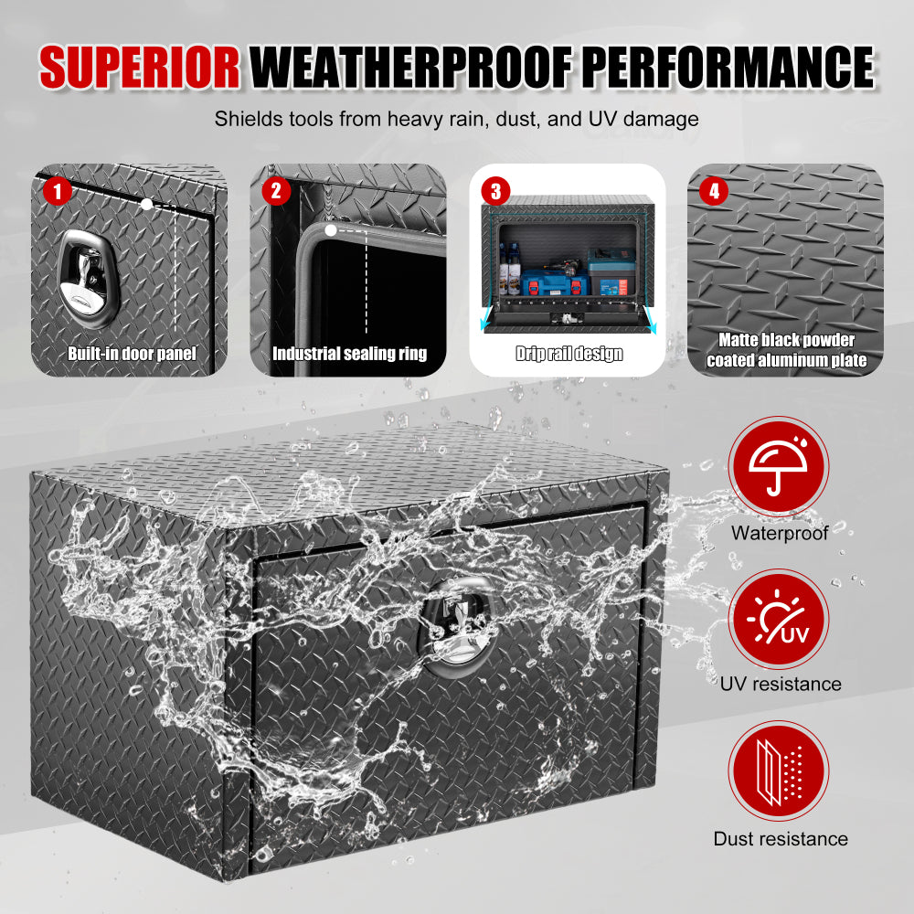 30 inch aluminum underbody truck tool box heavy duty underbed toolbox tool storage organizer chest with lock and keys, waterproof trailer box, extra thick diamond thread plate matte black finish