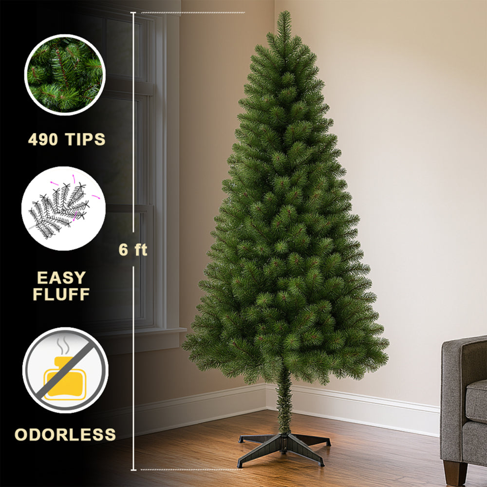 6FT Unlit Artificial Christmas Tree with 490 Tips, PVC Full Branches, Classic Green Holiday Tree with 4-Leg Plastic Stand for Indoor Home Decoration