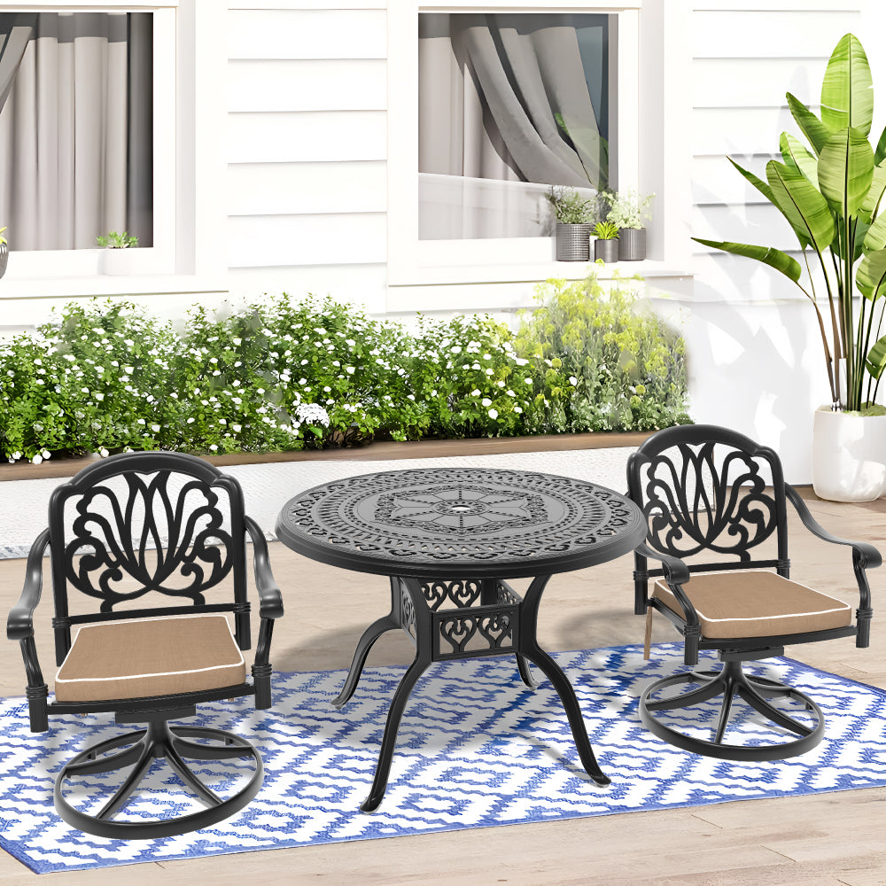 Ø39.37-inch Cast Aluminum Patio Dining Table With Black Frame and Umbrella Hole