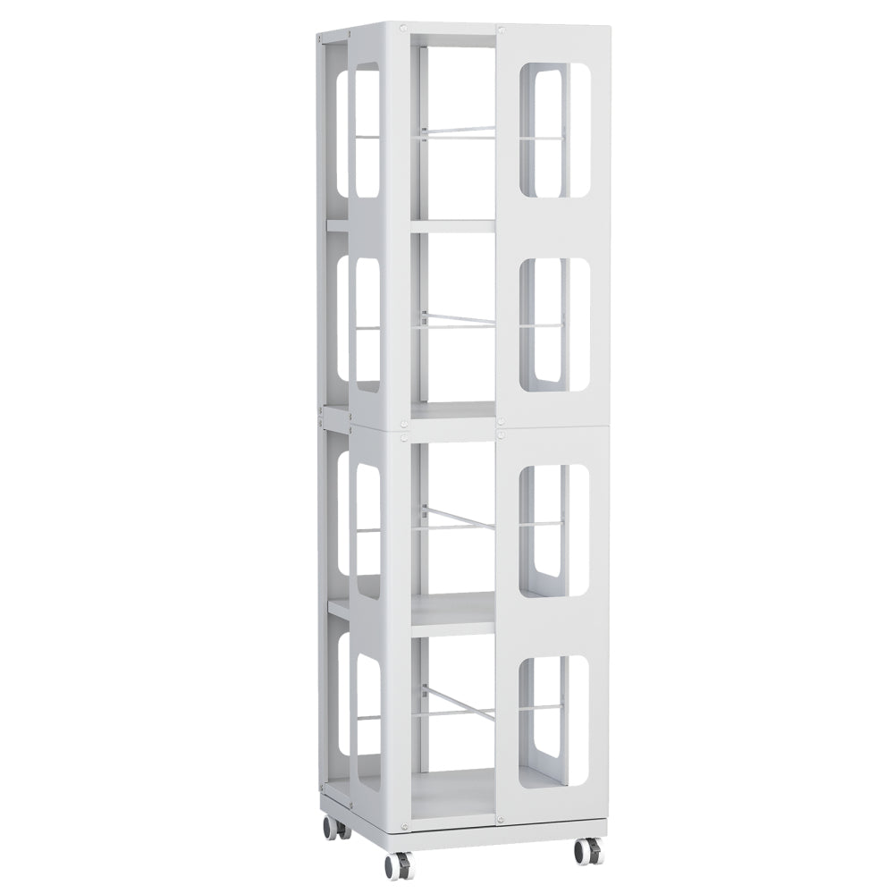 4-Tier All-Steel Rotating Bookshelf with 360° Wheels, Large Size Sturdy & Spacious Book Rack, New Style White Bookshelf,Easy Assembly