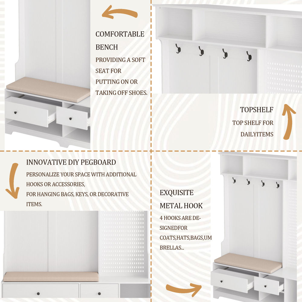 Multi-purpose Hallway Hall Tree with Removable Linen Cushioned Entryway Bench, Coat Rack, Storage Shelves, and DIY Pegboard,for Hallways, Living Room, White