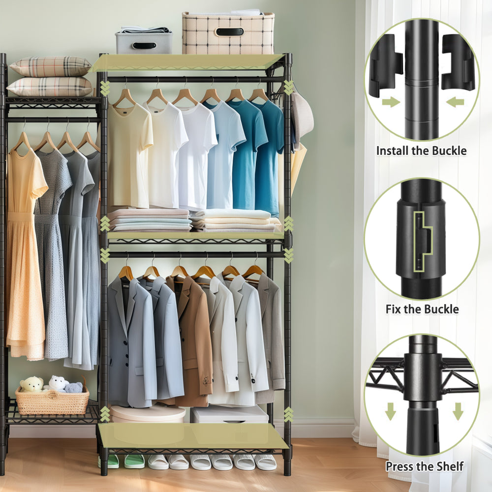 Heavy Duty Garment Rack, Freestanding Closet Organizer, Portable Wardrobe Clothes Rack, Adjustable Wire Shelving Clothes Rack with 8 Adjustable Wire Shelves and 5 Clothes Rails, Black