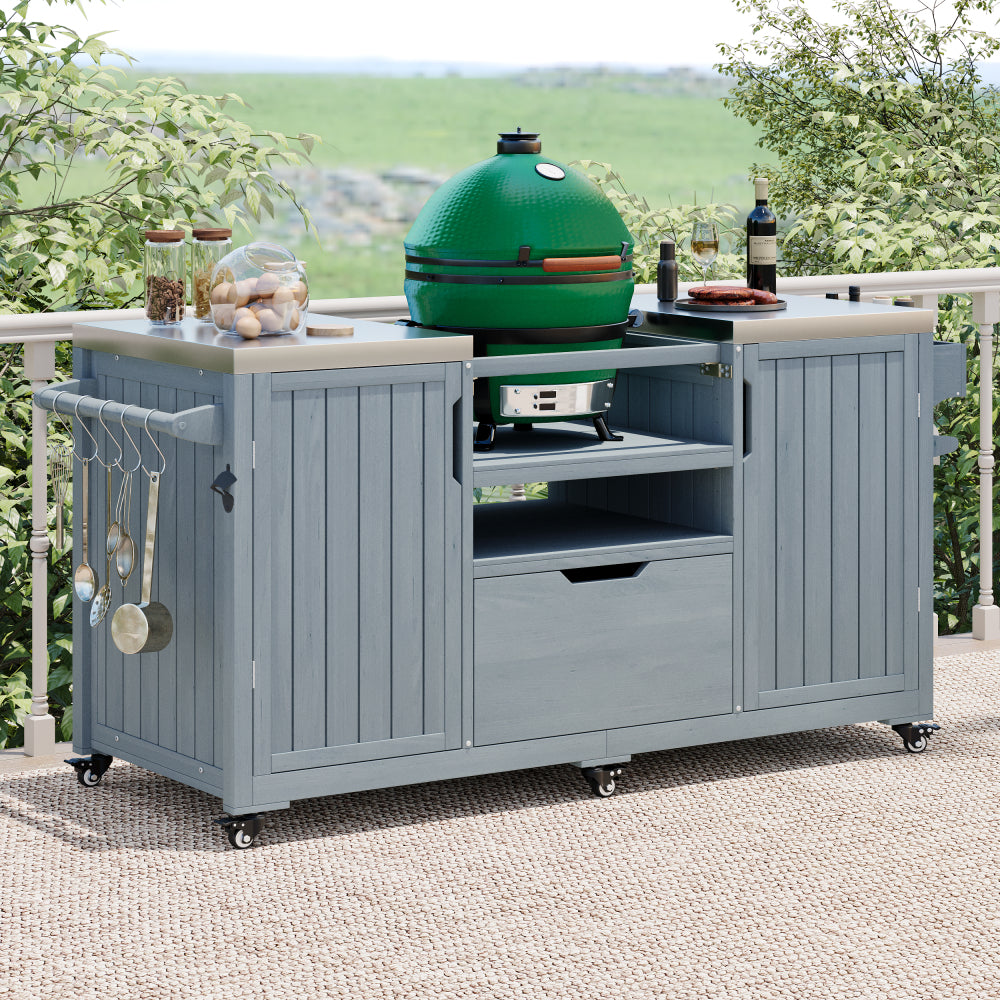 K&K 66.5" Outdoor Kitchen Island for Big Green Egg Grills, Solid Wood Outdoor Grill Cart for Tabletop Grill with Stainless Steel Top, Drawer, Compatible with Large Big Green Egg, Kamado Joe- Grey Blue