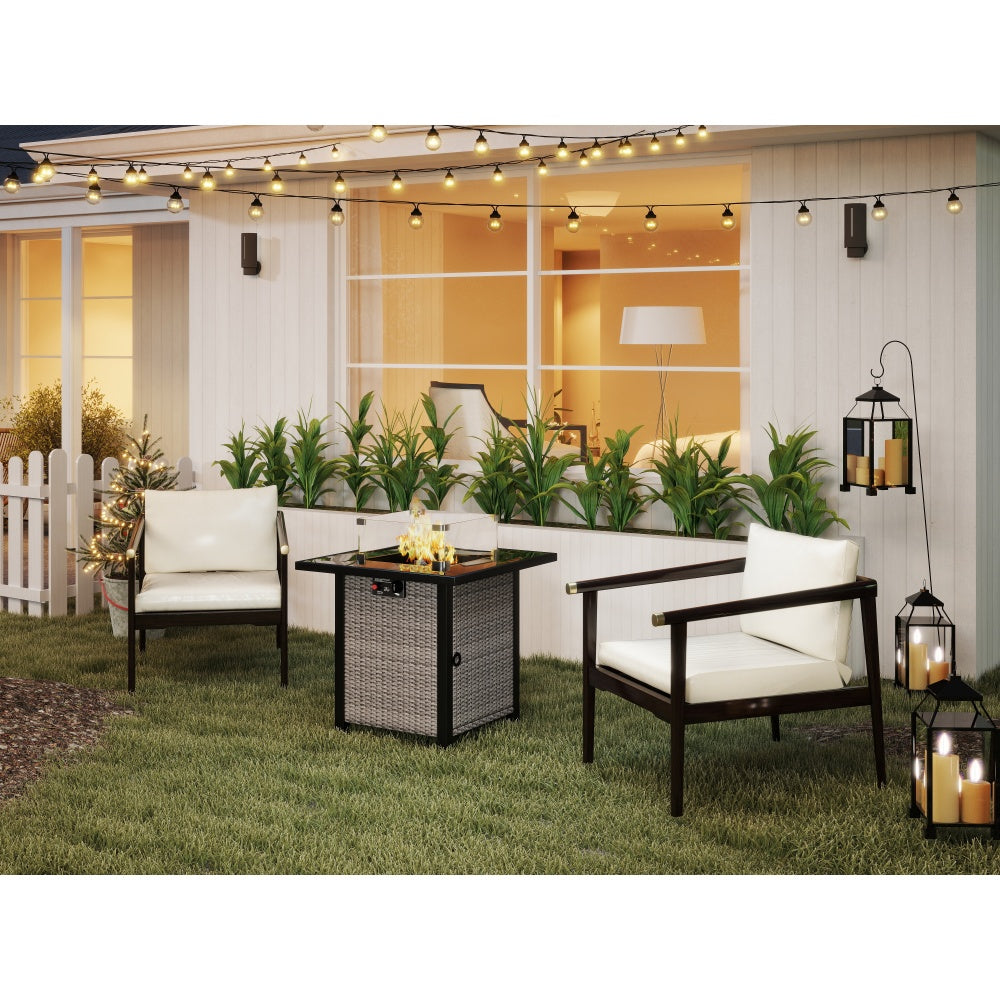 28 Inch Propane Fire Pit Table, Rattan & Wicker-Look, 50000 BTU Gas Firepits Tempered Glass Tabletop with Glass Windscreen Protector for Outside Patio and Garden(Grey+White)