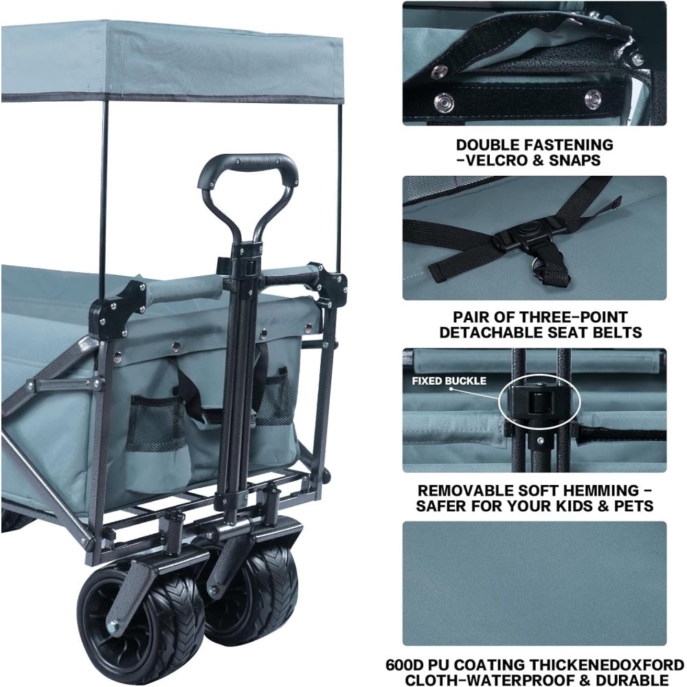 Collapsible Wagon 140L Wagons Carts Foldable with Removable Canopy, Folding Wagon Cart with Wheels for All-Terrain with Brake, Foldable Wagon with Cooler Bag, for Camping Beach Shopping
