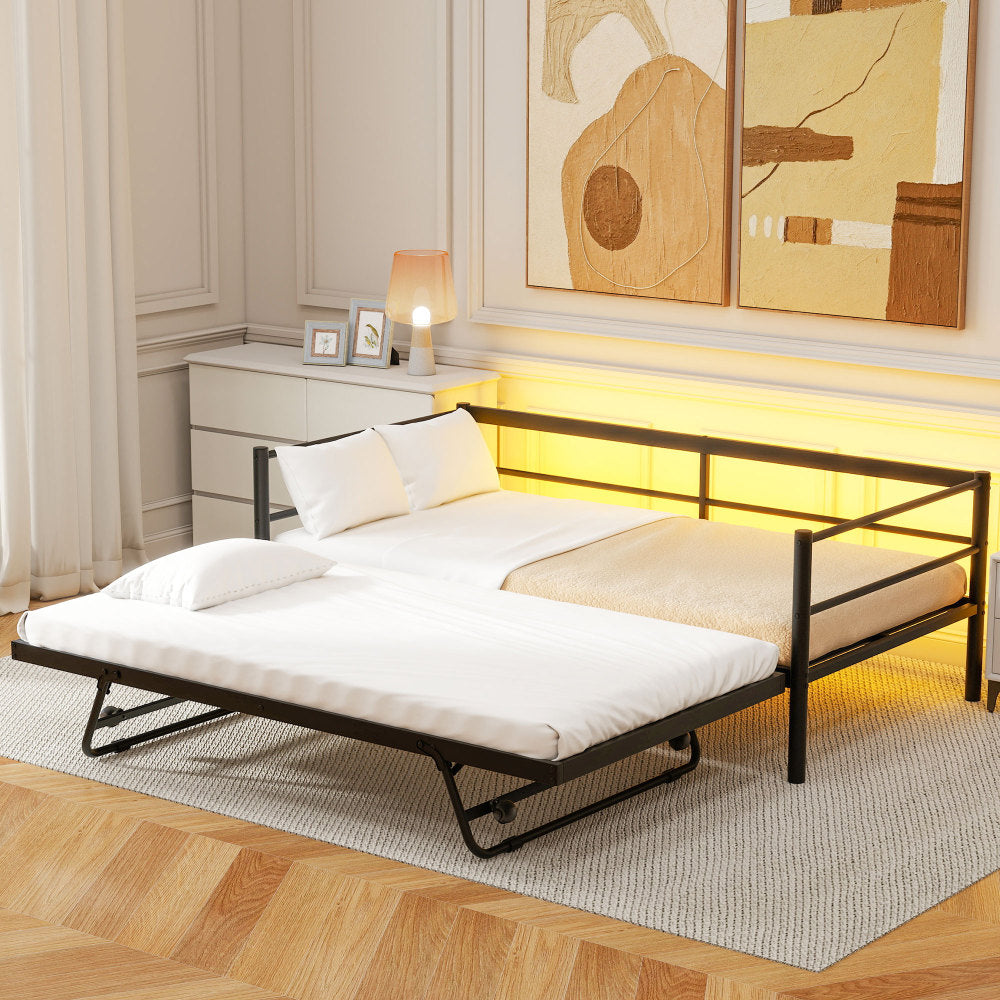 Twin Size Metal Daybed with Adjustable Trundle, Pop Up Trundle, Silver