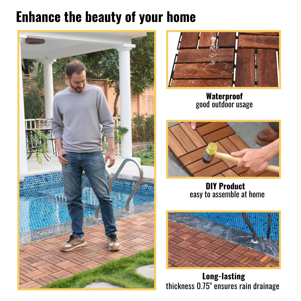 Acacia Wood Interlocking Deck Tiles Checker Pattern, 10PCS 12" x 12" Square Brown Acacia Hardwood Outdoor Flooring for Patio, Bancony, Pool Side,...