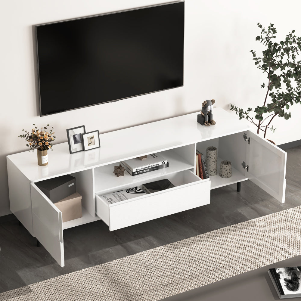 High Gloss Panel Modern TV Console, TV Stand, Entertainment Center with Storage Shelves,TV Cabinet for Living Room, Bedroom, Cloud White 63x15.74x19.68 inch