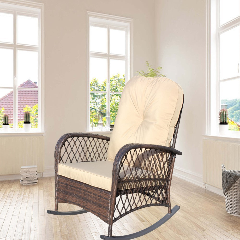 Outdoor Wicker Rocking Chair with Wide Seat, Thick, Soft Cushion, Rattan Rocker w/Steel Frame, High Weight Capacity for Patio, Garden, Backyard, Beige Cushion