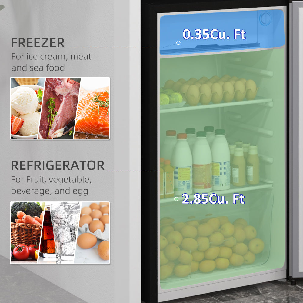 HOMCOM 3.2 Cu.Ft Mini Fridge with Freezer, Single Door Compact Refrigerator with Adjustable Thermostat, Shelf and Reversible Door for Bedroom, Dorm, Home Office, Energy Efficient, Silver