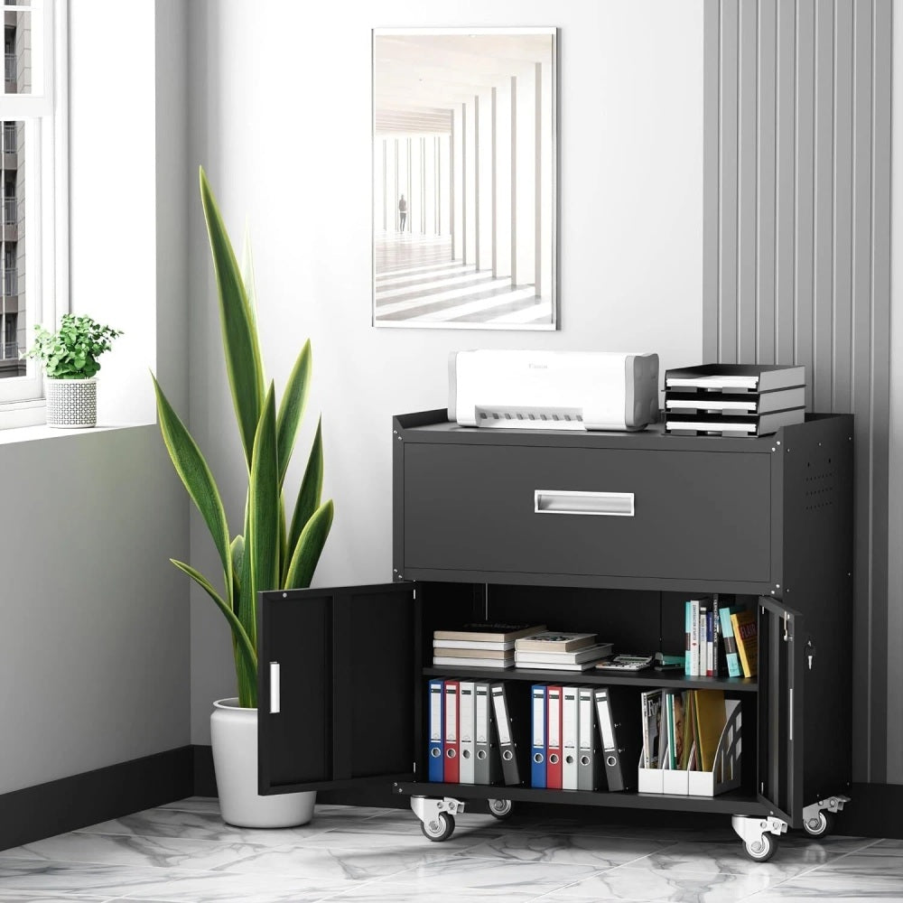 Metal garage cabinets, rolling tool cart boxes with wheels (black)