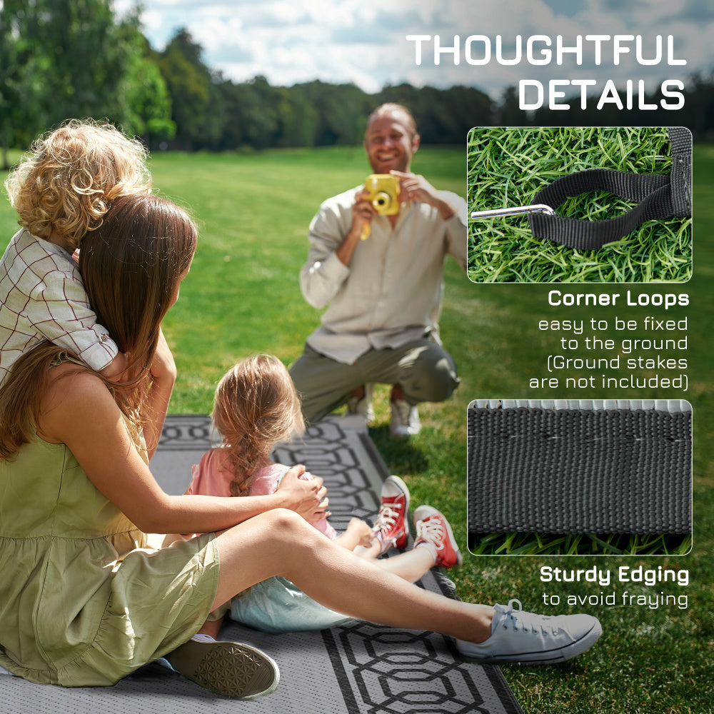 Outsunny Reversible Outdoor Rug, 9' x 12' Waterproof Plastic Straw Floor Mat, Portable RV Camping Carpet, Large Floor Mat for Backyard, Deck, Picnic, Beach, Black & Gray Border