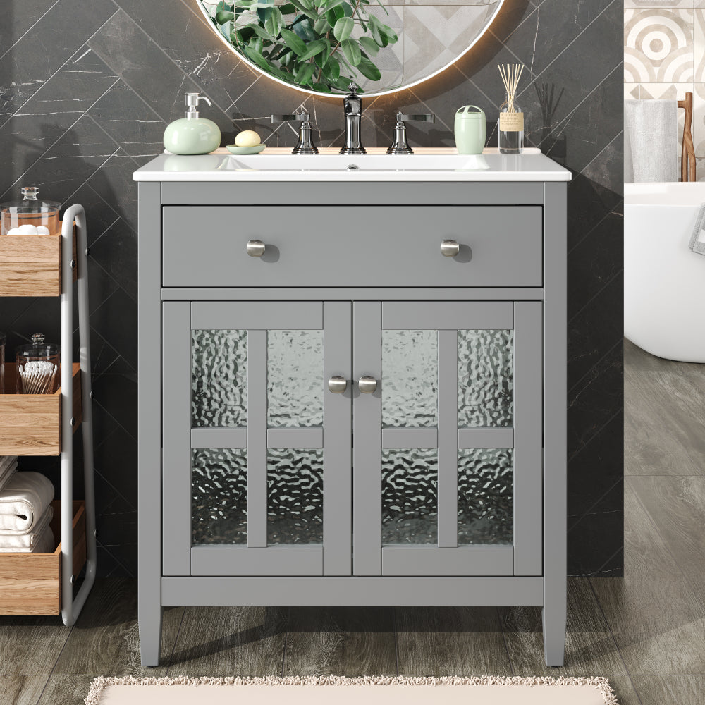 30" Modern Bathroom Vanity with Ceramic Sink, Bathroom Vanity Cabinet with Tempered Blurred Glass and Matte Black Handles, Equipped with Large Storage Space and Rubber Wood Frame, White