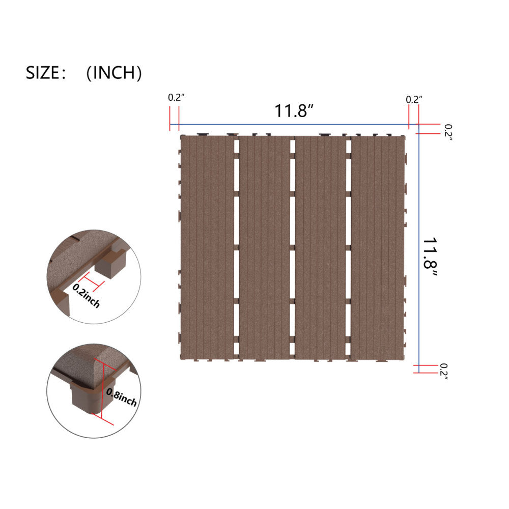 Plastic Interlocking Deck Tiles,44 Pack Patio Deck Tiles,12"x12" Square Waterproof Outdoor All Weather Use, Patio Decking Tiles for Poolside Balcony Backyard, Brown