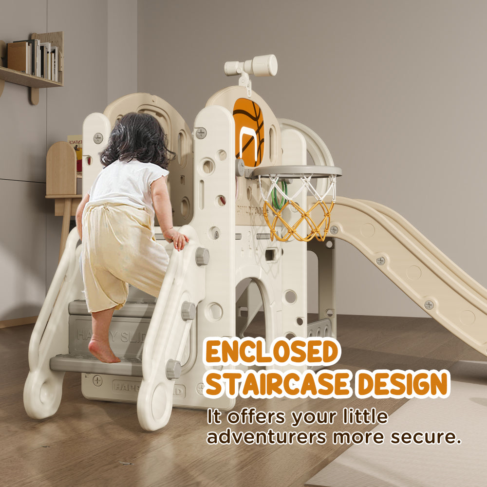 Qaba 7-in-1 Toddler Slide Playset, Kids Slide for Ages 1-6 Years with Ring Toss, Basketball Hoop, Telescope, Indoor Playground with Climber, Storage Space, Crawl Tunnel, Cream White