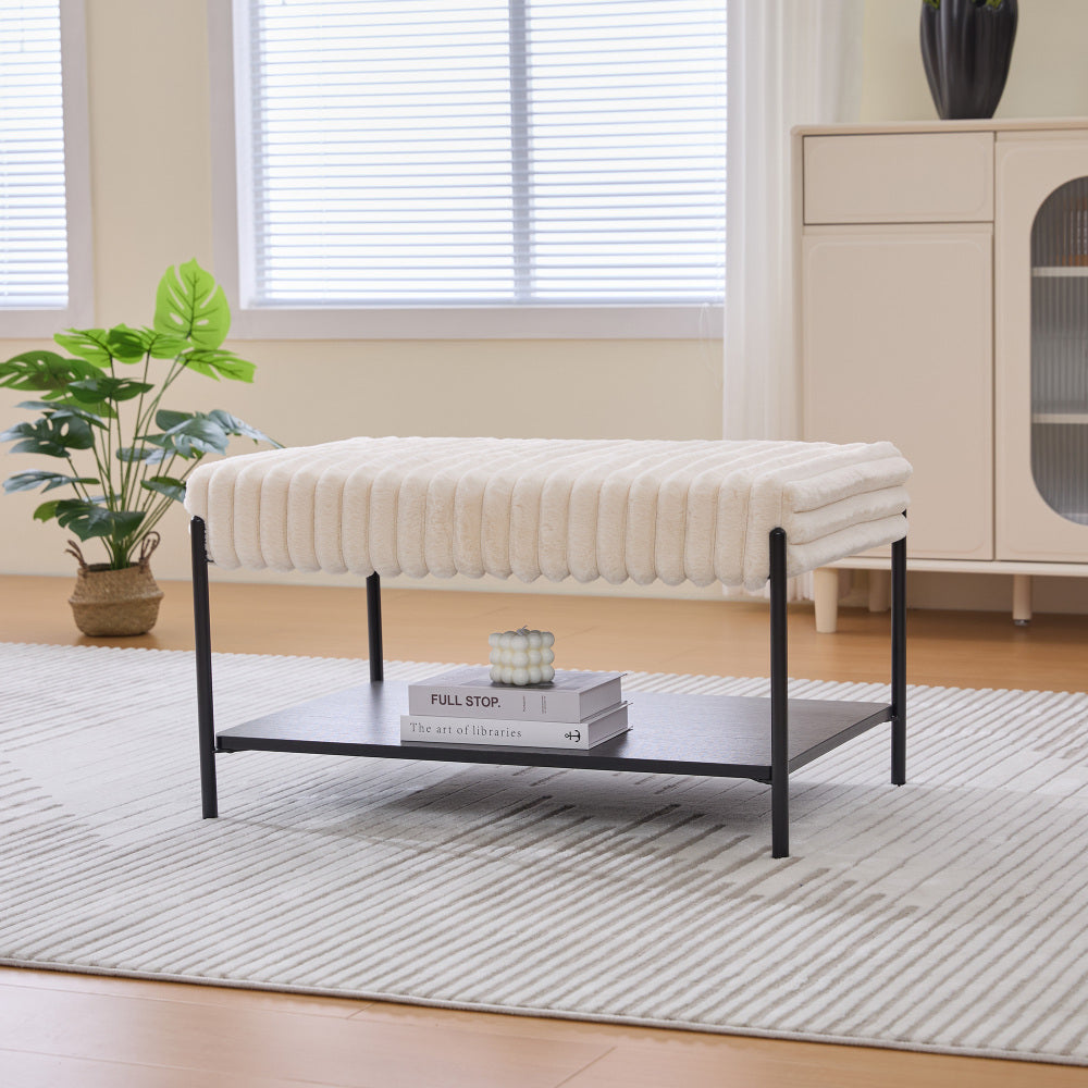 30.7"Wide Upholstered Ottoman Coffee Table Foot Rest with Black Metal Legs,Footstool with Wooden Open Storage Shelf, Faux Fur Foot Stool for Living Room Bedroom Entryway Hotel. Beige