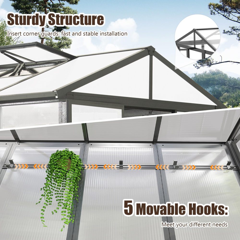 7.5x10FT Greenhouse, Polycarbonate Green House with Fully Auto Temperature Control Vent, Outdoor Full Aluminum Heavy Duty Greenhouse with Extra 8FT Walk-in Height for Garden Backyard, Dark Grey