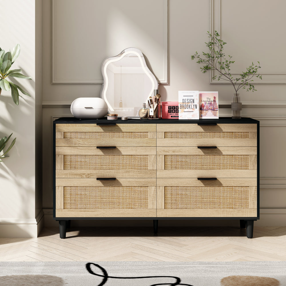 51" Rattan Dresser with Drawers, 6 Drawer Dresser for Bedroom, Clothes Storage Cabinet for Bedroom, Metal Handle&Wood Legs for Hallway, Living Room, Bedroom,Natural