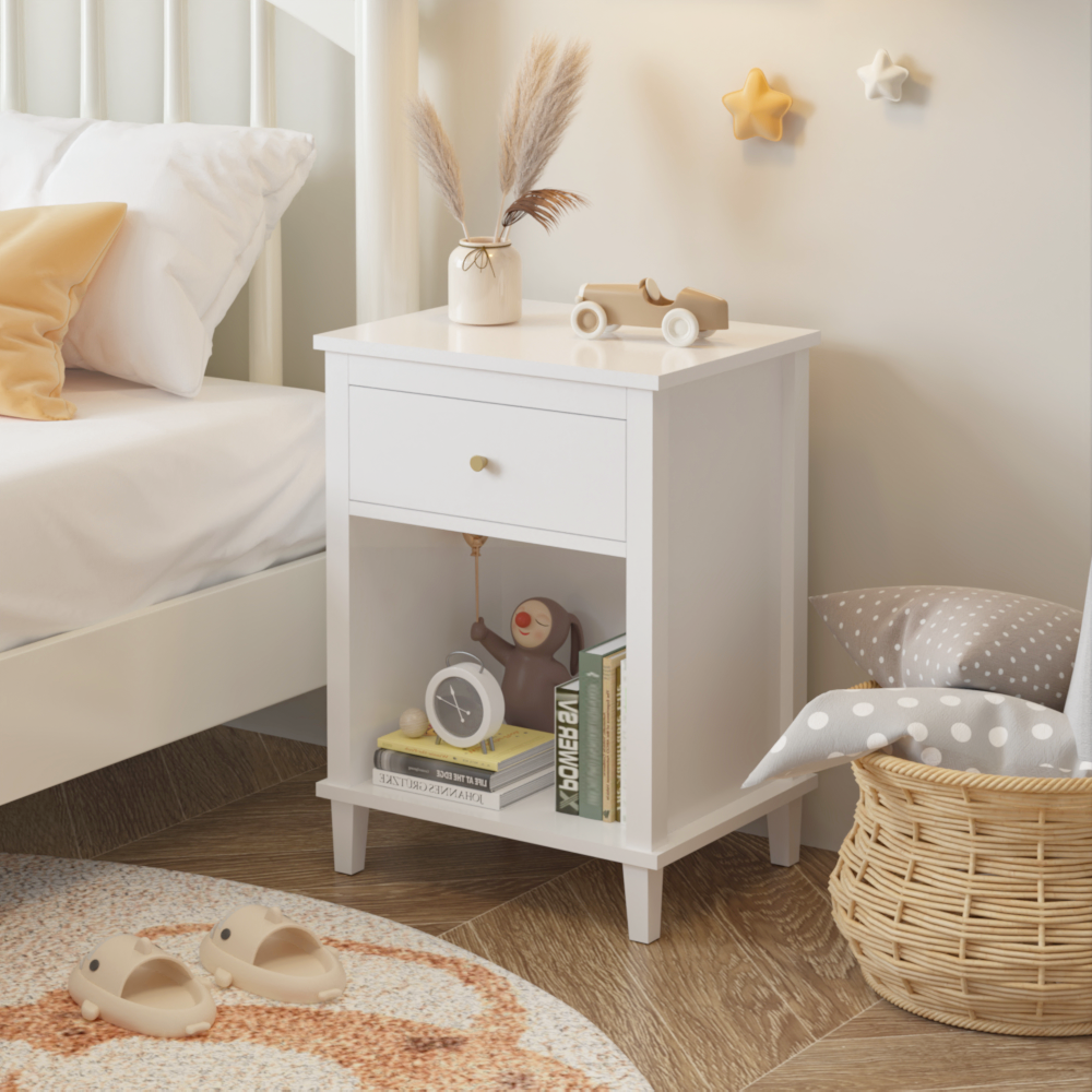 26.77''H Wooden Nightstand with One Drawer One Shelf for Kids, Adults, Pink+Golden handle