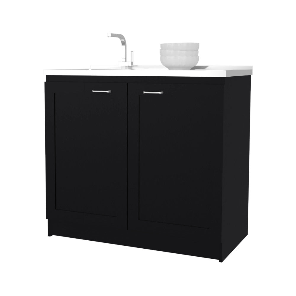 FM FURNITURE Haivana Utility Sink Base Cabinet with Double Doors and Interior Shelf, Black