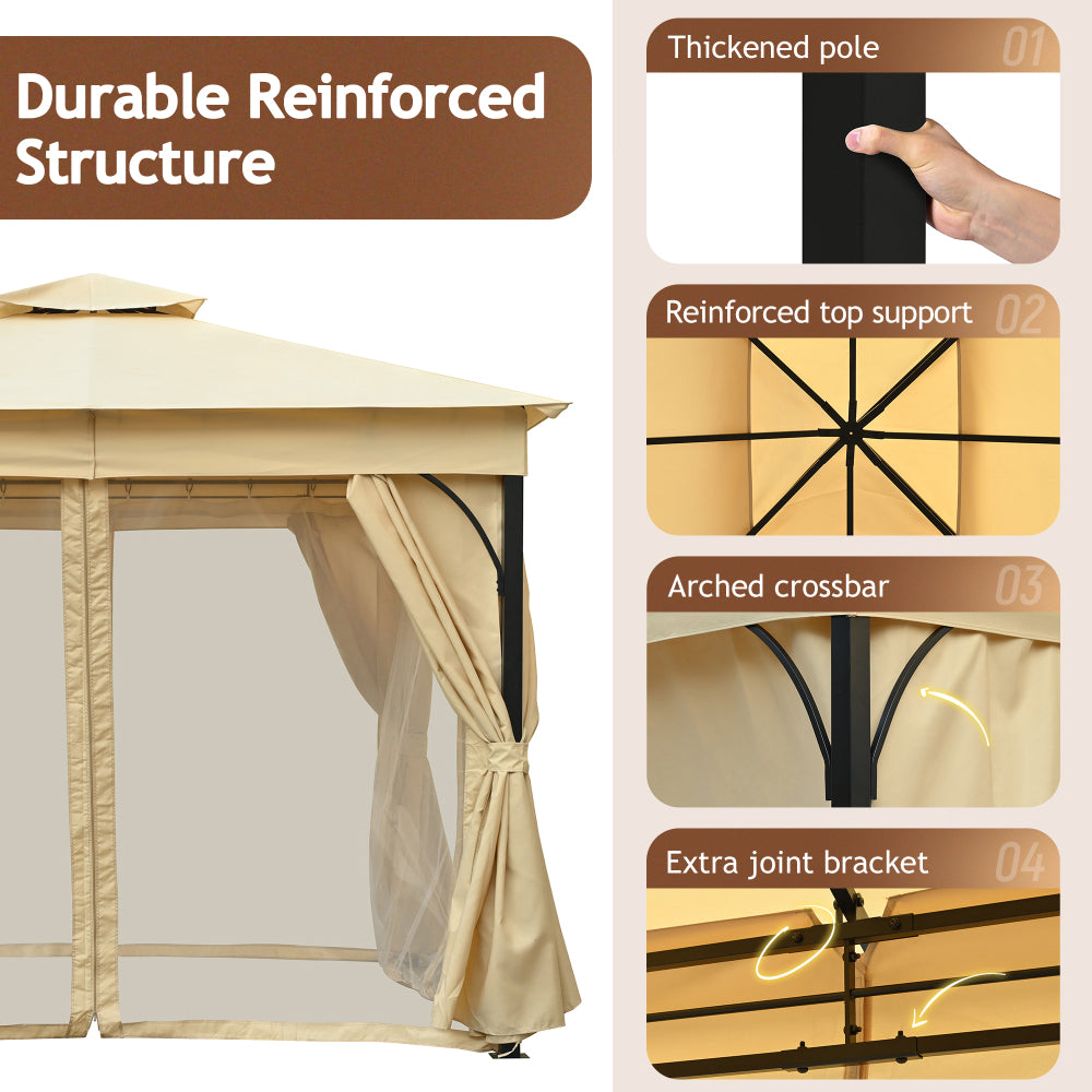 TREXM 10x10 Outdoor Gazebo Tent with Double Roofs, Patio Gazebo with Mosquito Netting and Privacy Screens, Patio Canopy for Shade and Rain for Backyard, Garden, Lawn and Deck (Beige)