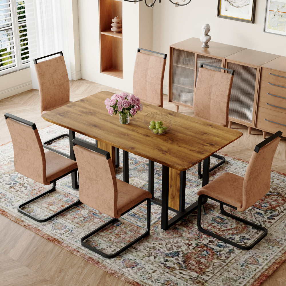 Table and chair set.67"x36" Wood-Textured MDF Dining Table Set with 4 Brown Fabric Chairs.MDF sticker,Wood colored texture sticker,Black C-tube dining chair legs,Suitable for kitchen,Dining room,etc.