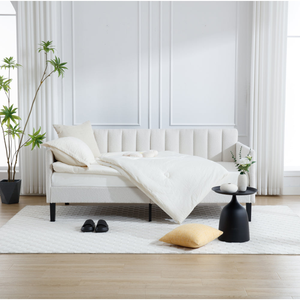 Elena Twin Size Ivory Boucle Upholstered Daybed, Ribbed Tufted Backrest, Daybed in Lavish Modern Design, Richly Hued Foam Comfort