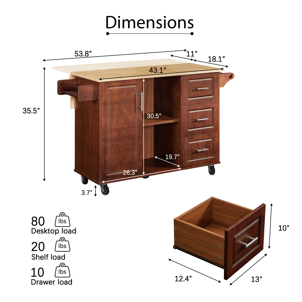54 inch Portable Wooden Kitchen Island Cart Large Capacity with 3 drawers Drop-Leaf Table Spice Rack & Towel Rack for Small Spaces.