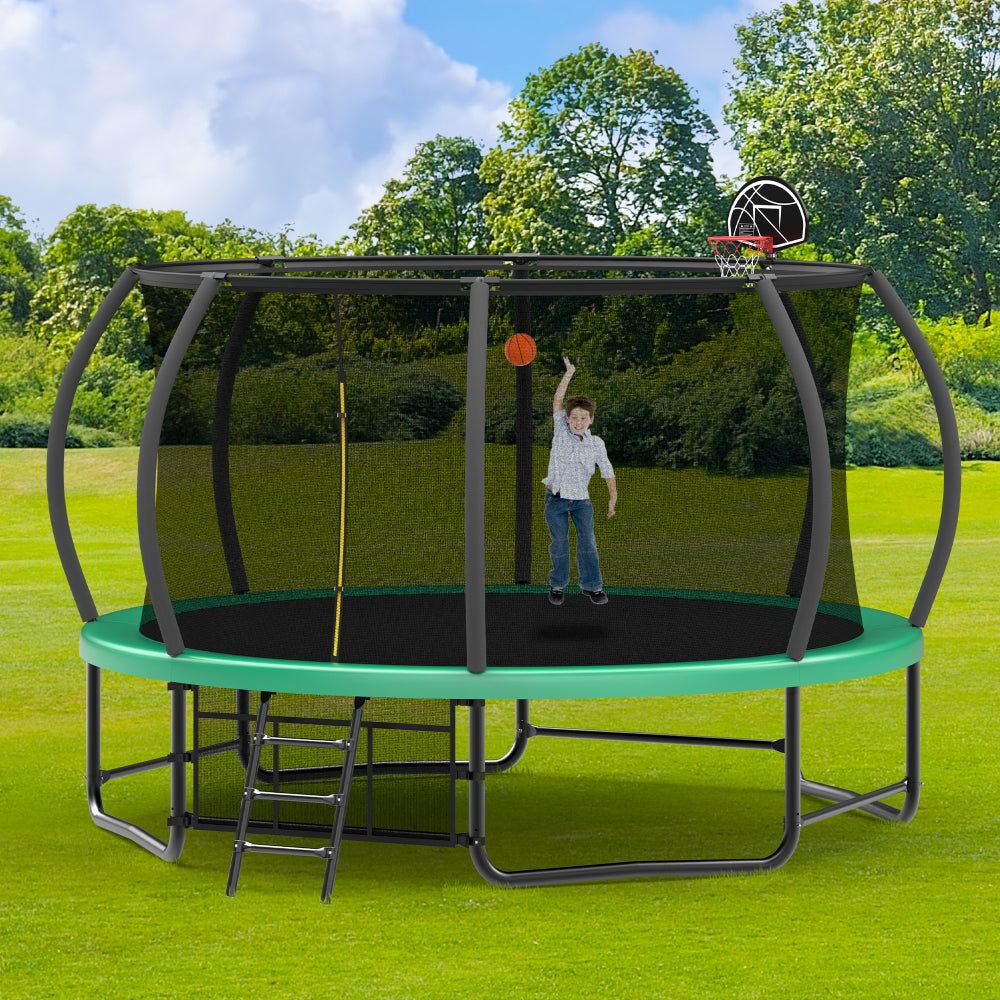14FT Trampoline with Enclosure - Recreational Trampolines with Ladder and AntiRust Coating, ASTM Approval Outdoor Trampoline for Kids