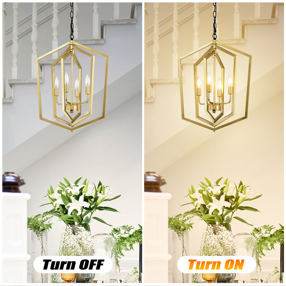 4-Light Farmhouse Kitchen Chandeliers, Vintage Cage Light Fixture Adjustable Height Chandeliers for Dining Room Hallway Foyer Entryway(E12 Bulbs Not Included)--GOLD+MATTE BLACK