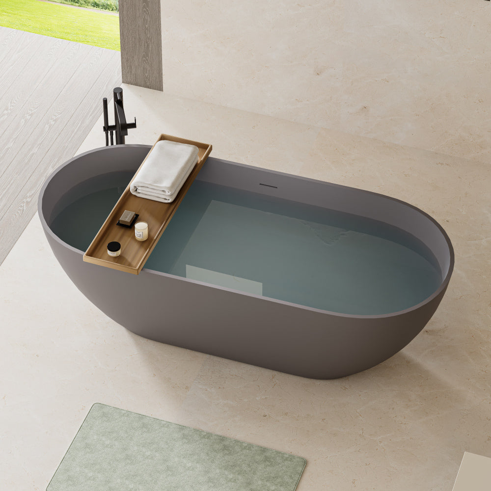 63" Luxury Engineered Solid Surface Bathtub, Stone Resin Freestanding Soaking Bathtub with Overflow and Pop-up Drain for Contemporary Bathroom, Matte Grey 23S03-63MG
