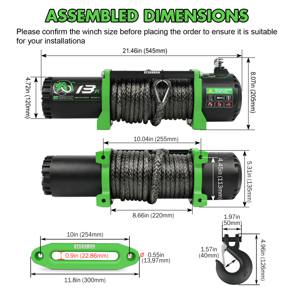 Winch 13000lb Electric Winch 12V Winch with Synthetic Rope Car Trailer Winch with Green Hawse Fairlead Wireless Remote and Wired Handle for Truck SUV Jeep